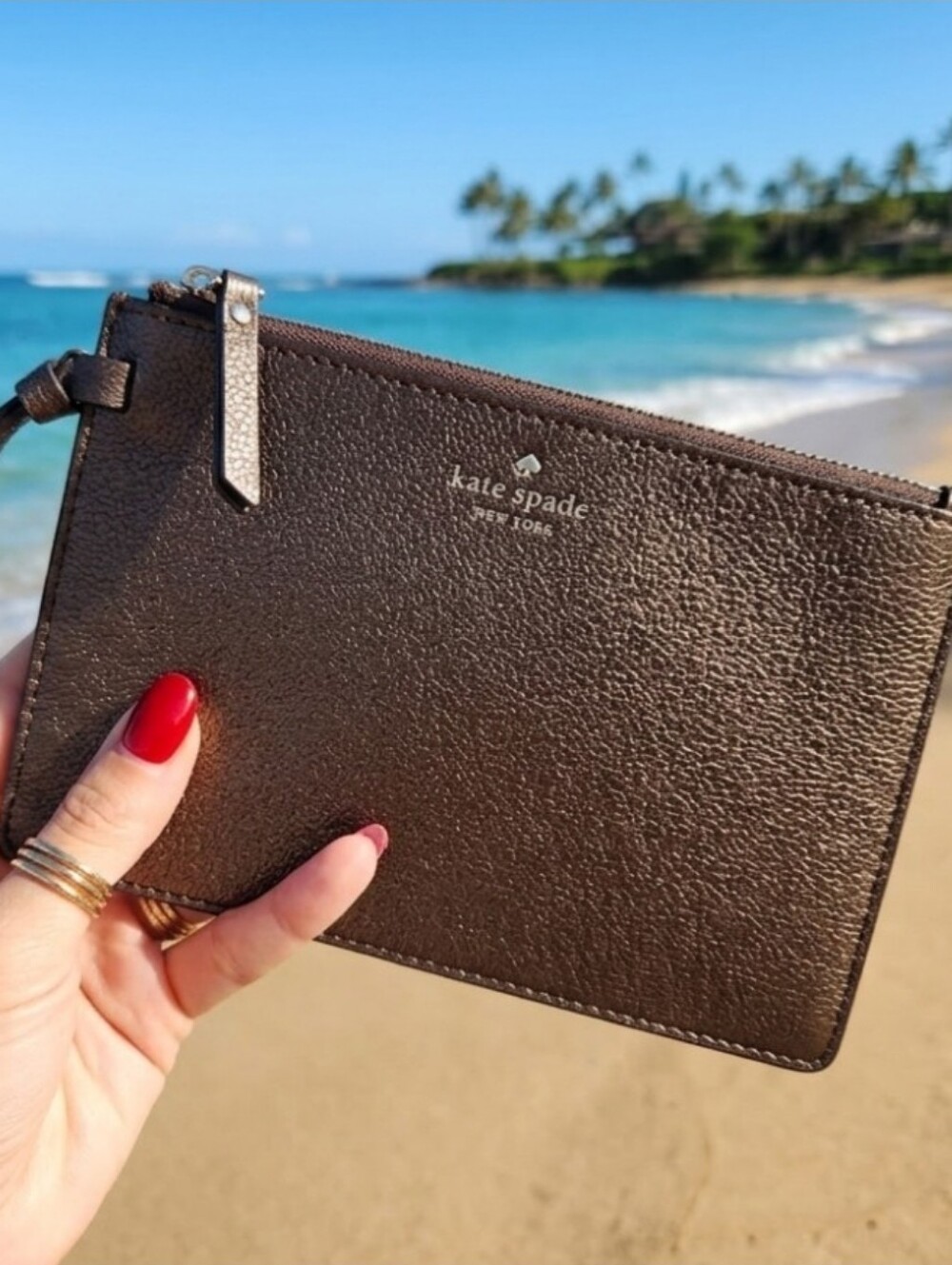 Kate Spade Metallic Bronze Pebbled Leather Flat Wristlet Pouch Clutch GUC